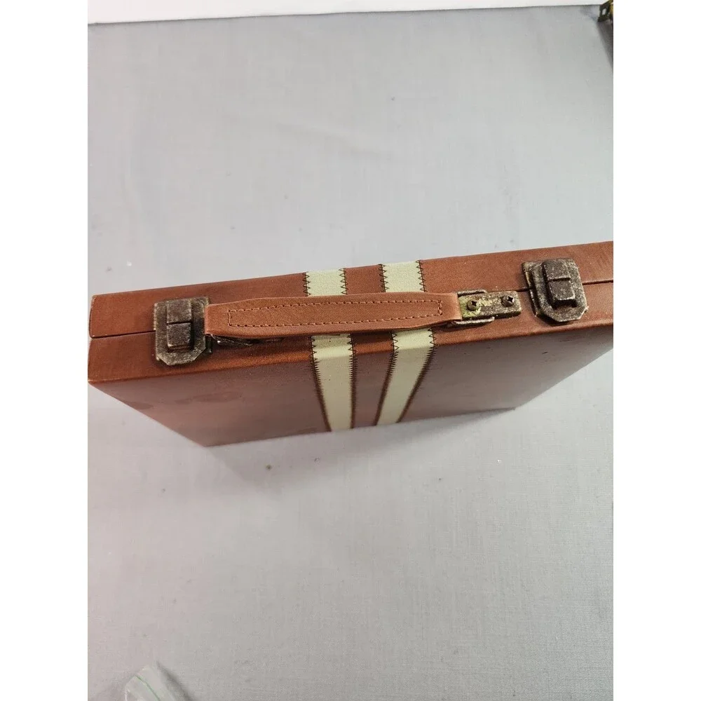 Vintage Brown Faux Leather Backgammon Set Briefcase Travel Board Game 15